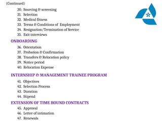 (Continued)
30. Sourcing & screening
31. Selection
32. Medical fitness
33. Terms & Conditions of Employment
34. Resignation/Termination of Service
35. Exit interviews
ONBOARDING
36. Orientation
37. Probation & Confirmation
38. Transfers & Relocation policy
39. Notice period
40. Relocation Expense
INTERNSHIP & MANAGEMENT TRAINEE PROGRAM
41. Objectives
42. Selection Process
43. Duration
44. Stipend
EXTENSION OF TIME BOUND CONTRACTS
45. Approval
46. Letter of intimation
47. Renewals
 