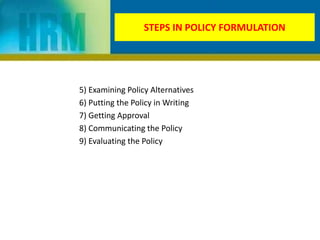 STEPS IN POLICY FORMULATION
5) Examining Policy Alternatives
6) Putting the Policy in Writing
7) Getting Approval
8) Communicating the Policy
9) Evaluating the Policy
 