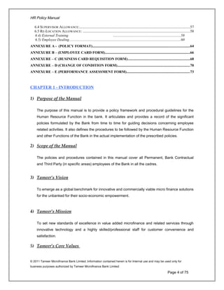 HR Policy Manual
6.4 SUPERVISOR ALLOWANCE:.........................................................................................................................57
6.5 RE-LOCATION ALLOWANCE: .....................................................................................................................58
6.4) External Training ..........................................................................58
6.5) Employee Dealing..........................................................................................................................60
ANNEXURE A - (POLICY FORMAT)..........................................................................................................64
ANNEXURE B – (EMPLOYEE CARD FORM).............................................................................................66
ANNEXURE – C (BUSINESS CARD REQUISITION FORM)....................................................................68
ANNEXURE – D (CHANGE OF CONDITION FORM)...............................................................................70
ANNEXURE – E (PERFORMANCE ASSESSMENT FORM).....................................................................73
CHAPTER 1 - INTRODUCTION
1) Purpose of the Manual
The purpose of this manual is to provide a policy framework and procedural guidelines for the
Human Resource Function in the bank. It articulates and provides a record of the significant
policies formulated by the Bank from time to time for guiding decisions concerning employee
related activities. It also defines the procedures to be followed by the Human Resource Function
and other Functions of the Bank in the actual implementation of the prescribed policies.
2) Scope of the Manual
The policies and procedures contained in this manual cover all Permanent, Bank Contractual
and Third Party (in specific areas) employees of the Bank in all the cadres.
3) Tameer’s Vision
To emerge as a global benchmark for innovative and commercially viable micro finance solutions
for the unbanked for their socio-economic empowerment.
4) Tameer’s Mission
To set new standards of excellence in value added microfinance and related services through
innovative technology and a highly skilled/professional staff for customer convenience and
satisfaction.
5) Tameer’s Core Values
© 2011 Tameer Microfinance Bank Limited. Information contained herein is for Internal use and may be used only for
business purposes authorized by Tameer Microfinance Bank Limited
Page 4 of 75
 
