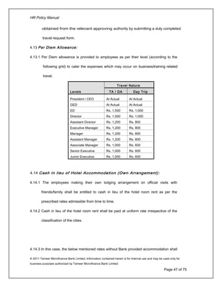 HR Policy Manual
obtained from the relevant approving authority by submitting a duly completed
travel request form.
4.13 Per Diem Allowance:
4.13.1 Per Diem allowance is provided to employees as per their level (according to the
following grid) to cater the expenses which may occur on business/training related
travel.
Levels
Travel Nature
TA / DA Day Trip
President / CEO At Actual At Actual
GED At Actual At Actual
ED Rs. 1,500 Rs. 1,000
Director Rs. 1,500 Rs. 1,000
Assistant Director Rs. 1,200 Rs. 800
Executive Manager Rs. 1,200 Rs. 800
Manager Rs. 1,200 Rs. 800
Assistant Manager Rs. 1,200 Rs. 800
Associate Manager Rs. 1,000 Rs. 600
Senior Executive Rs. 1,000 Rs. 600
Junior Executive Rs. 1,000 Rs. 600
4.14 Cash in lieu of Hotel Accommodation (Own Arrangement):
4.14.1 The employees making their own lodging arrangement on official visits with
friends/family shall be entitled to cash in lieu of the hotel room rent as per the
prescribed rates admissible from time to time.
4.14.2 Cash in lieu of the hotel room rent shall be paid at uniform rate irrespective of the
classification of the cities.
4.14.3 In this case, the below mentioned rates without Bank provided accommodation shall
© 2011 Tameer Microfinance Bank Limited. Information contained herein is for Internal use and may be used only for
business purposes authorized by Tameer Microfinance Bank Limited
Page 47 of 75
 