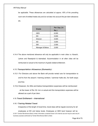 HR Policy Manual
be applicable. These allowances are calculated at approx. 45% of the prevailing
room rent of entitled hotels only and do not take into account the per diem allowance
etc.
Grade
Per Day (In
Rs.)
GED 6,000
ED 5,000
Director 4,000
AD 3,000
EM 2,500
Manager & Below 2,000
4.14.4 The above mentioned allowance will only be applicable in main cities i.e. Karachi,
Lahore and Rawalpindi & Islamabad. Accommodation in all other cities will be
reimbursed on actual to the maximum of grade related entitlement.
4.15 Transportation Allowance (Domestic):
4.15.1 For Directors and above the Bank will provide rented cars for transportation to
and fro from the airport / training centers / seminar halls etc, for both ways
journey.
4.15.2 However, for ADs and below transportation expenses will be reimbursed
at the lower of Rs.10/- km or actual and this transportation expenses will be
allowed as a part of per diem.
4.16 Travel Entitlement – International:
4.16.1 Training Related Travel:
Irrespective of the length of travel time, travel class will be regular economy for all
employees at ED and below levels. Employees at GED level however will be
© 2011 Tameer Microfinance Bank Limited. Information contained herein is for Internal use and may be used only for
business purposes authorized by Tameer Microfinance Bank Limited
Page 48 of 75
 