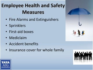 Employee Health and Safety Measures Fire Alarms and Extinguishers Sprinklers First-aid boxes Mediclaim Accident benefits Insurance cover for whole family 