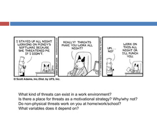 What kind of threats can exist in a work environment?
Is there a place for threats as a motivational strategy? Why/why not?
Do non-physical threats work on you at home/work/school?
What variables does it depend on?
 