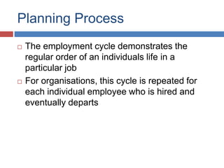 Planning Process
 The employment cycle demonstrates the
regular order of an individuals life in a
particular job
 For organisations, this cycle is repeated for
each individual employee who is hired and
eventually departs
 