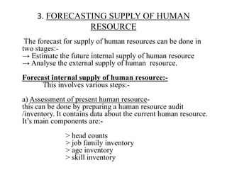 3. FORECASTING SUPPLY OF HUMAN
                RESOURCE
 The forecast for supply of human resources can be done in
two stages:-
→ Estimate the future internal supply of human resource
→ Analyse the external supply of human resource.
Forecast internal supply of human resource:-
      This involves various steps:-
a) Assessment of present human resource-
this can be done by preparing a human resource audit
/inventory. It contains data about the current human resource.
It’s main components are:-
              > head counts
              > job family inventory
              > age inventory
              > skill inventory
 