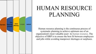 HUMAN RESOURCE
PLANNING
Human resource planning is the continuous process of
systematic planning to achieve optimum use of an
organization's most valuable asset its human resource. The
objective of HRP is to ensure the best fit between employees
and jobs while avoiding manpower shortages or surpluses.
scope
 