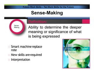 Sense-Making
Future Work Skills – Ten Work Skills for the Future
Definition:
Ability to determine the deeper
meaning or si...