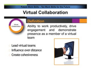 Virtual Collaboration
Future Work Skills – Ten Work Skills for the Future
Definition
Ability to work productively, drive
e...