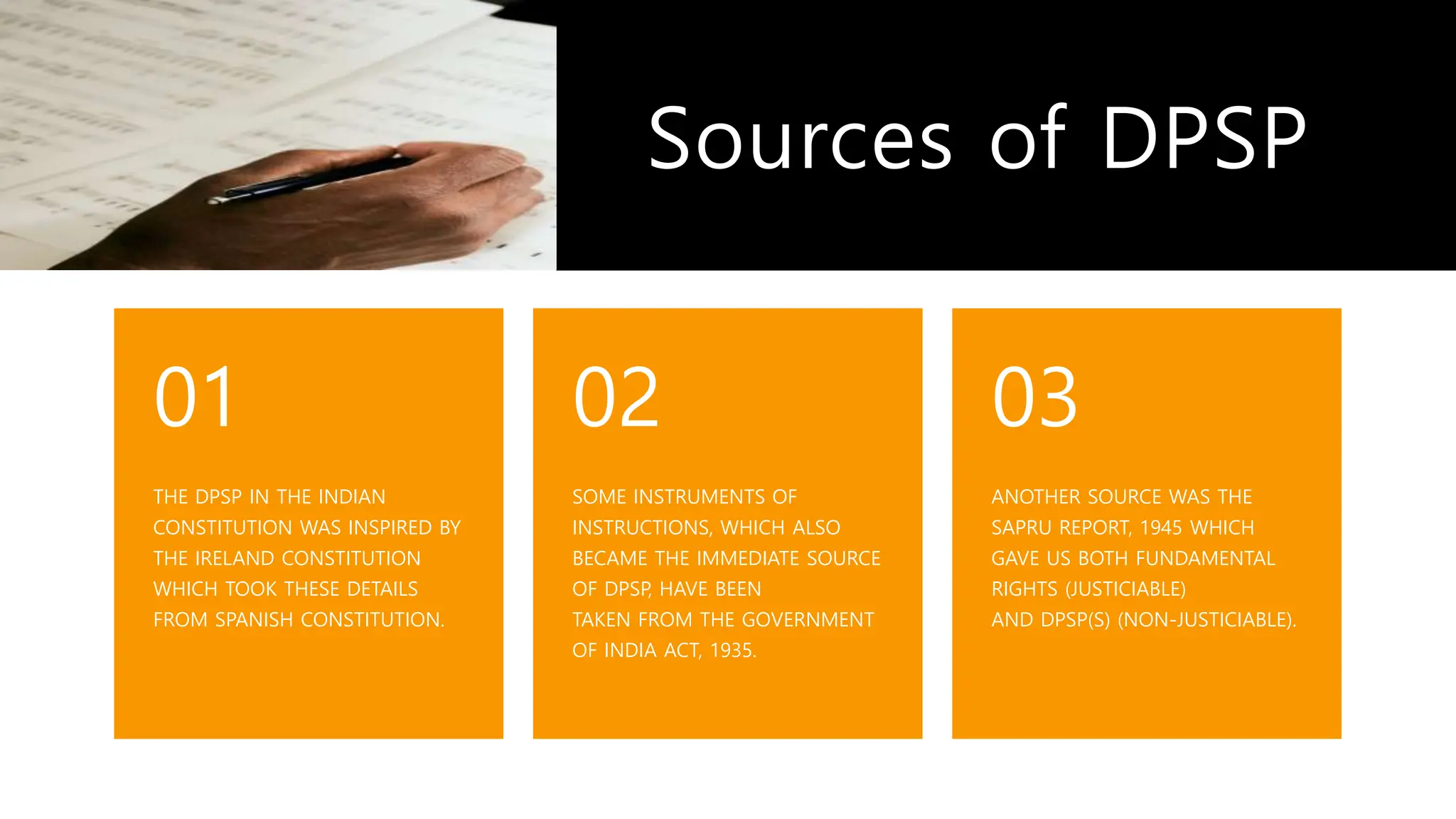Sources of DPSP
THE DPSP IN THE INDIAN
CONSTITUTION WAS INSPIRED BY
THE IRELAND CONSTITUTION
WHICH TOOK THESE DETAILS
FROM SPANISH CONSTITUTION.
01
SOME INSTRUMENTS OF
INSTRUCTIONS, WHICH ALSO
BECAME THE IMMEDIATE SOURCE
OF DPSP, HAVE BEEN
TAKEN FROM THE GOVERNMENT
OF INDIA ACT, 1935.
02
ANOTHER SOURCE WAS THE
SAPRU REPORT, 1945 WHICH
GAVE US BOTH FUNDAMENTAL
RIGHTS (JUSTICIABLE)
AND DPSP(S) (NON-JUSTICIABLE).
03
 