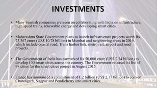 • Many Spanish companies are keen on collaborating with India on infrastructure,
high speed trains, renewable energy and developing smart cities.
• Maharashtra State Government plans to launch infrastructure projects worth Rs
73,367 crore (US$ 10.78 billion) in Mumbai and neighboring areas in 2016,
which include coastal road, Trans harbor link, metro rail, airport and road
projects.
• The Government of India has earmarked Rs 50,000 crore (US$ 7.34 billion) to
develop 100 smart cities across the country. The Government released its list of
98 cities for the smart cities project in August 2015
• France has announced a commitment of € 2 billion (US$ 2.17 billion) to convert
Chandigarh, Nagpur and Pondicherry into smart cities.
 