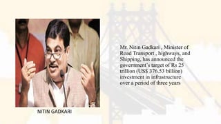 Mr. Nitin Gadkari , Minister of
Road Transport , highways, and
Shipping, has announced the
government’s target of Rs 25
trillion (US$ 376.53 billion)
investment in infrastructure
over a period of three years
NITIN GADKARI
 