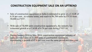 CONSTRUCTION EQUIPMENT SALE ON AN UPTREND
• Sale of construction equipment in India is estimated to grow at a CAGR of
6.18 per cent , in volume terms, and reach to 96,700 units by FY18 from
50,000 in FY07.
• With sale of 76,000 units construction equipment's, the industry has
witnessed growth at a CAGR of 4.76 per cent during FY07-16.
• During January 2016 to May 2016, construction equipment industry of
India recorded sales of 21,869 units of construction equipment,
representing a growth of 47.6 per cent over the same period previous year.
 