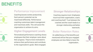 Performance Improvement
Coaching boosts worker productivity.
Each person's potential can be
maximised differently. Performance
coaching customises talent management
and maximises skills. This will assist the
organisation to achieve its aims.
Stronger Relationships
Coaching requires trust. Employees
must trust their organisation, coach,
and coaching itself. Trust between the
coachee and the coach leads to a
stronger relationship and better
teamwork.
Better Retention Rates
An added bonus of the benefits just
mentioned will be that your engaged
employees are less likely to leave the
organization..
Higher Engagement Levels
Personalized performance coaching shows
employees that their employer cares about
their progress. They're more motivated to
enhance their performance and contribute
to the organization's goals. More engaged.
BENEFITS
 