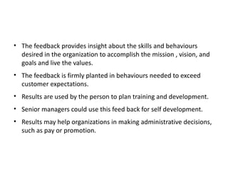 • The feedback provides insight about the skills and behaviours
desired in the organization to accomplish the mission , vision, and
goals and live the values.
• The feedback is firmly planted in behaviours needed to exceed
customer expectations.
• Results are used by the person to plan training and development.
• Senior managers could use this feed back for self development.
• Results may help organizations in making administrative decisions,
such as pay or promotion.
 