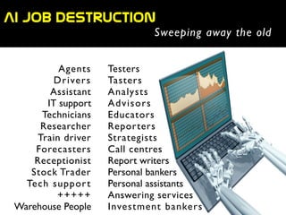 AI  job  destruction
Sweeping away the old
Testers	

Tasters	

Analysts	

Advisors	

Educators	

Reporters	

Strategists	

Call centres	

Report writers	

Personal bankers	

Personal assistants	

Answering services	

Investment bankers
Agents	

Drivers	

Assistant	

IT support	

Technicians	

Researcher	

Train driver	

Forecasters	

Receptionist	

Stock Trader	

Tech support	

+++++	

Warehouse People
 
