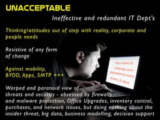 Unacceptable  
Ineffective and redundant IT Dept’s
Thinking/attitudes out of step with reality, corporate and
people needs	

!
Resistive of any form 	

of change	

!
Against mobility,	

BYOD, Apps, SMTP +++	

!
Warped and paranoid view of	

threats and security - obsessed by firewalls 	

and malware protection, Office Upgrades, inventory control,
purchases, and network issues, but doing nothing about the
insider threat, big data, business modelling, decision support
You have to
every 5 days
change your
password every
 