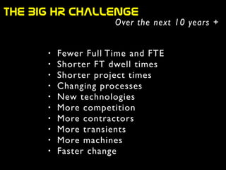 THE  BIG  HR  CHAllenge
Over the next 10 years +
• Fewer Full Time and FTE	

• Shorter FT dwell times	

• Shorter project times	

• Changing processes	

• New technologies	

• More competition	

• More contractors	

• More transients	

• More machines	

• Faster change
 
