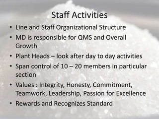 Staff Activities
• Line and Staff Organizational Structure
• MD is responsible for QMS and Overall
  Growth
• Plant Heads – look after day to day activities
• Span control of 10 – 20 members in particular
  section
• Values : Integrity, Honesty, Commitment,
  Teamwork, Leadership, Passion for Excellence
• Rewards and Recognizes Standard
 