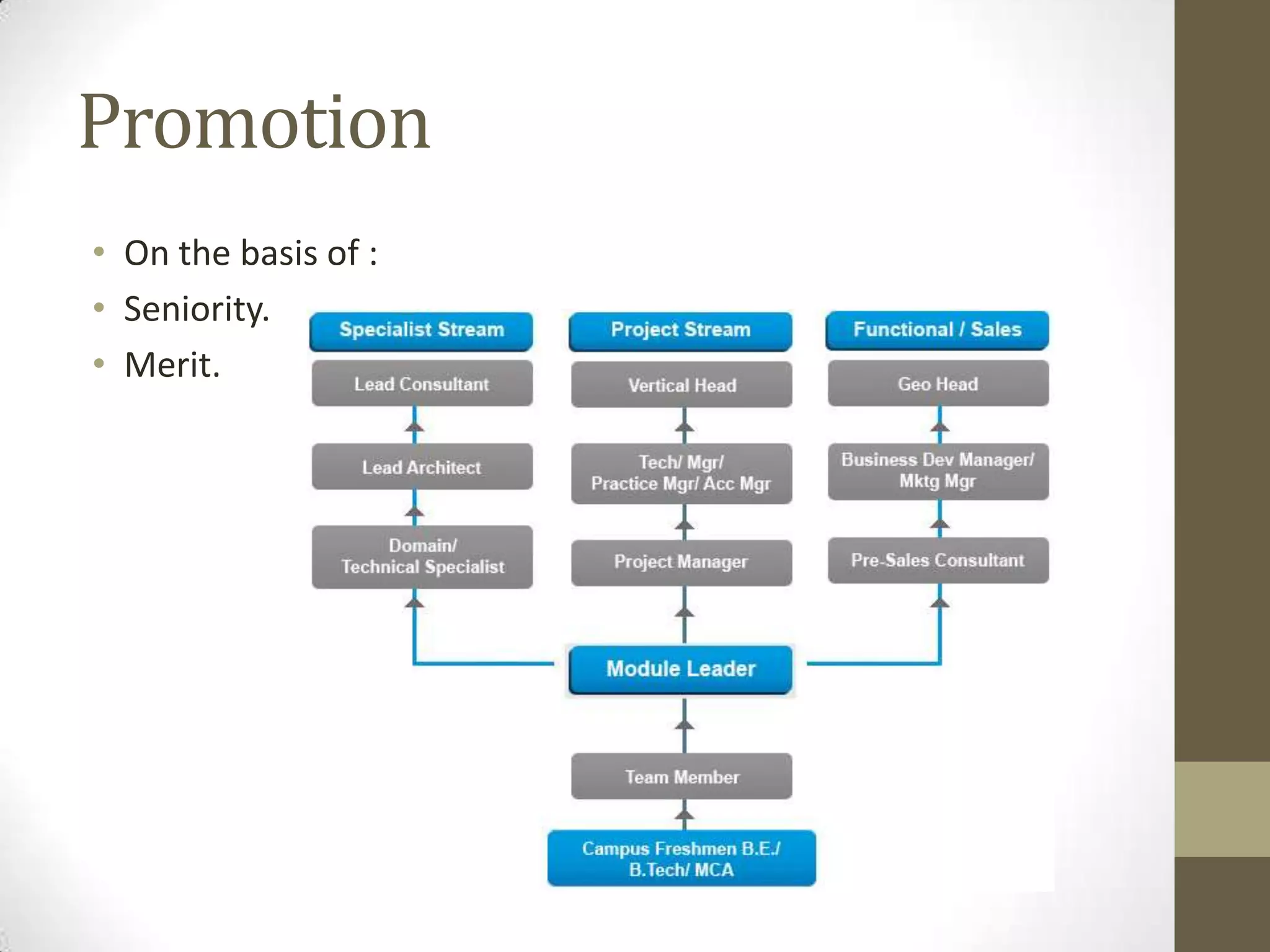 Promotion
• On the basis of :
• Seniority.
• Merit.
 