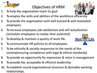 Objectives of HRM
1. To help the organization reach its goal
2. To employ the skills and abilities of the workforce efficiently
3. To provide the organization with well trained & well motivated
employees
4. To increase employees job satisfaction and self actualization
(stimulate employees to realize their potential)
5. To develop & maintain a quality of work life.
6. To communicate HR policies to all employees.
7. To be ethically & socially responsive to the needs of the
society(ensuring compliance with legal & ethical standards)
8. To provide an opportunity for expression & voice in management
9. To provide fair, acceptable & efficient leadership
10. To establish sound organizational structure & desirable working
relationships.
 