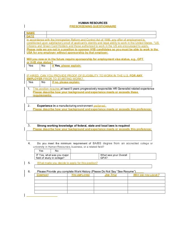 hr prescreening questionnaire prescreening questions
