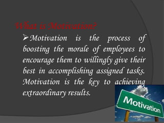 From line managers to top executives, understanding what factors motivate the employees is key to gain the human resource advantage that leads to success in our challenging market place.Definition of Employee Motivation:According to Burrel Lee Wilks III “Employee motivation is a reflection of the level of energy, commitment, and creativity that a company's workers bring to their jobs.”