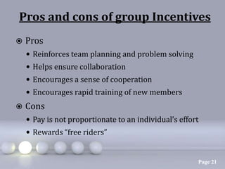 Pros and cons of group Incentives
   Pros
     Reinforces team planning and problem solving
     Helps ensure collaboration
     Encourages a sense of cooperation
     Encourages rapid training of new members
   Cons
     Pay is not proportionate to an individual’s effort
     Rewards “free riders”


                                                       Page 21
 