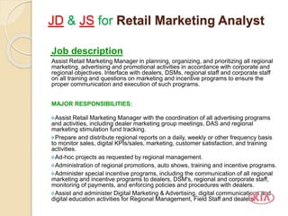 JD & JS for Retail Marketing Analyst
Job description
Assist Retail Marketing Manager in planning, organizing, and prioritizing all regional
marketing, advertising and promotional activities in accordance with corporate and
regional objectives. Interface with dealers, DSMs, regional staff and corporate staff
on all training and questions on marketing and incentive programs to ensure the
proper communication and execution of such programs.
MAJOR RESPONSIBILITIES:
Assist Retail Marketing Manager with the coordination of all advertising programs
and activities, including dealer marketing group meetings, DAS and regional
marketing stimulation fund tracking.
Prepare and distribute regional reports on a daily, weekly or other frequency basis
to monitor sales, digital KPIs/sales, marketing, customer satisfaction, and training
activities.
Ad-hoc projects as requested by regional management.
Administration of regional promotions, auto shows, training and incentive programs.
Administer special incentive programs, including the communication of all regional
marketing and incentive programs to dealers, DSM's, regional and corporate staff,
monitoring of payments, and enforcing policies and procedures with dealers.
Assist and administer Digital Marketing & Advertising, digital communications and
digital education activities for Regional Management, Field Staff and dealers.
 