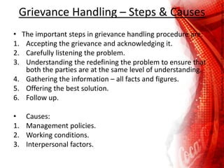Grievance Handling – Steps & Causes
• The important steps in grievance handling procedure are:
1. Accepting the grievance and acknowledging it.
2. Carefully listening the problem.
3. Understanding the redefining the problem to ensure that
both the parties are at the same level of understanding.
4. Gathering the information – all facts and figures.
5. Offering the best solution.
6. Follow up.
• Causes:
1. Management policies.
2. Working conditions.
3. Interpersonal factors.
 