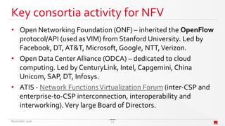 Key consortia activity for NFV
• Open Networking Foundation (ONF) – inherited the OpenFlow
protocol/API (used asVIM) from Stanford University. Led by
Facebook, DT, AT&T, Microsoft, Google, NTT,Verizon.
• Open Data Center Alliance (ODCA) – dedicated to cloud
computing. Led by CenturyLink, Intel, Capgemini, China
Unicom, SAP, DT, Infosys.
• ATIS - Network FunctionsVirtualization Forum (inter-CSP and
enterprise-to-CSP interconnection, interoperability and
interworking).Very large Board of Directors.
November 2016 22
 