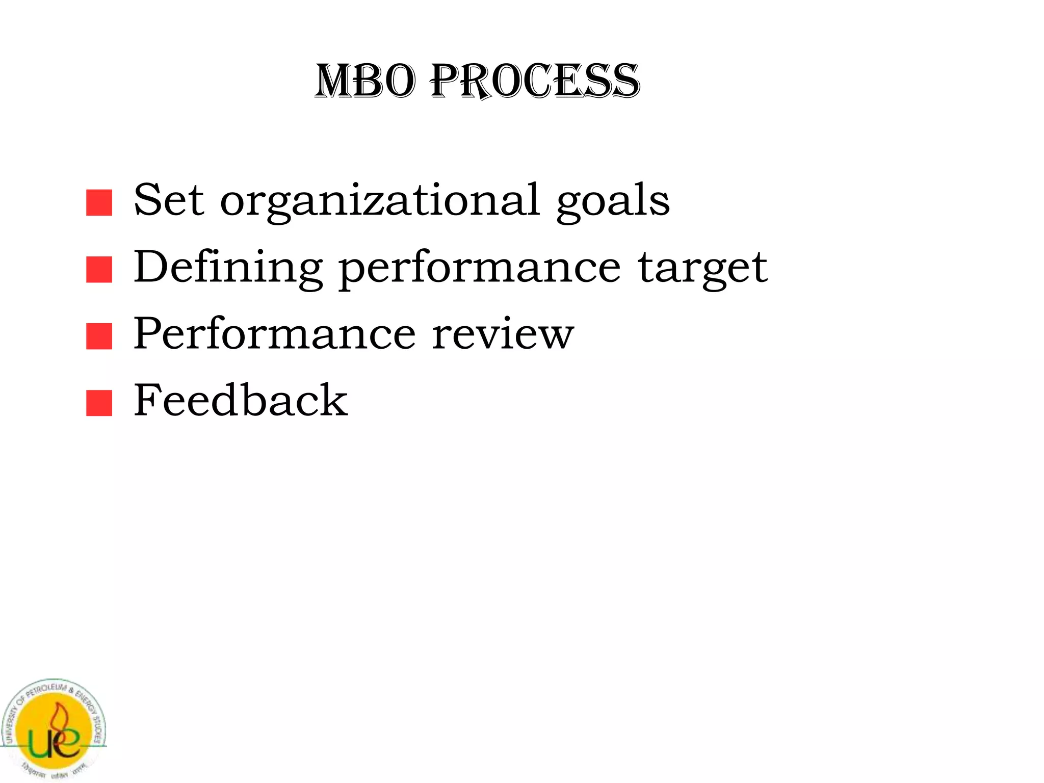MBO Process

Set organizational goals
Defining performance target
Performance review
Feedback
 