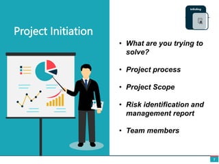 7
Project Initiation
• What are you trying to
solve?
• Project process
• Project Scope
• Risk identification and
management report
• Team members
 