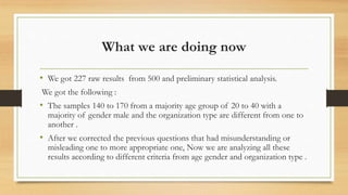 What we are doing now
• We got 227 raw results from 500 and preliminary statistical analysis.
We got the following :
• The samples 140 to 170 from a majority age group of 20 to 40 with a
majority of gender male and the organization type are different from one to
another .
• After we corrected the previous questions that had misunderstanding or
misleading one to more appropriate one, Now we are analyzing all these
results according to different criteria from age gender and organization type .
 