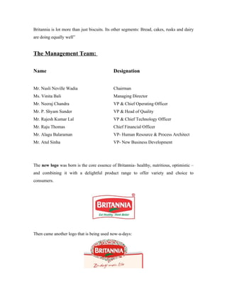 Britannia is lot more than just biscuits. Its other segments: Bread, cakes, rusks and dairy
are doing equally well”
The Management Team:
Name Designation
Mr. Nusli Neville Wadia Chairman
Ms. Vinita Bali Managing Director
Mr. Neeraj Chandra VP & Chief Operating Officer
Mr. P. Shyam Sunder VP & Head of Quality
Mr. Rajesh Kumar Lal VP & Chief Technology Officer
Mr. Raju Thomas Chief Financial Officer
Mr. Alagu Balaraman VP- Human Resource & Process Architect
Mr. Atul Sinha VP- New Business Development
The new logo was born is the core essence of Britannia- healthy, nutritious, optimistic –
and combining it with a delightful product range to offer variety and choice to
consumers.
Then came another logo that is being used now-a-days:
 