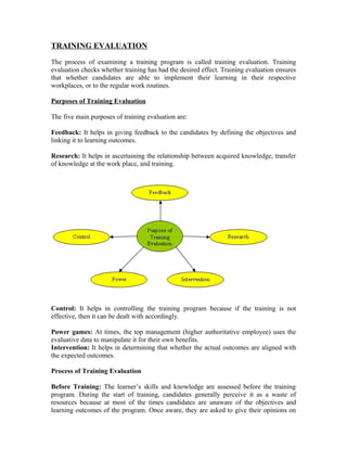 TRAINING EVALUATION
The process of examining a training program is called training evaluation. Training
evaluation checks whether training has had the desired effect. Training evaluation ensures
that whether candidates are able to implement their learning in their respective
workplaces, or to the regular work routines.
Purposes of Training Evaluation
The five main purposes of training evaluation are:
Feedback: It helps in giving feedback to the candidates by defining the objectives and
linking it to learning outcomes.
Research: It helps in ascertaining the relationship between acquired knowledge, transfer
of knowledge at the work place, and training.
Control: It helps in controlling the training program because if the training is not
effective, then it can be dealt with accordingly.
Power games: At times, the top management (higher authoritative employee) uses the
evaluative data to manipulate it for their own benefits.
Intervention: It helps in determining that whether the actual outcomes are aligned with
the expected outcomes.
Process of Training Evaluation
Before Training: The learner’s skills and knowledge are assessed before the training
program. During the start of training, candidates generally perceive it as a waste of
resources because at most of the times candidates are unaware of the objectives and
learning outcomes of the program. Once aware, they are asked to give their opinions on
 