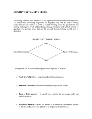 IDENTIFYING TRAINING NEEDS
All training activities must be related to the organization and the individual employees.
The effectiveness of training programme can be judged only with the help of training
needs identified in advance. In order to identify training needs the gap between the
existing and required levels of knowledge, skills, performance and aptitude should be
specified. The problem areas that can be resolved through training should also be
identified.
IDENTIFYING TRAINING NEEDS
Job
Present Performance Desired Performance
Gap
Training needs can be identified through the following types of analysis:
o Analysis of Objectives – long term and short term objectives.
o Resource Utilization Analysis – in meeting the operational targets.
o Task or Role Analysis – to identify job contents, the knowledge, skills and
aptitude required.
o Manpower Analysis – In this, the persons to be trained and the changes requires
in the knowledge, skills and aptitude of an employee are determined.
 