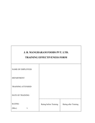 J. B. MANGHARAM FOODS PVT. LTD.
TRAINING EFFECTIVENESS FORM
NAME OF EMPLOYESS
DEPARTMENT
TRAINING ATTENDED
DATE OF TRAINING
RATING
(Min.) 1.
Rating before Training Rating after Training
 