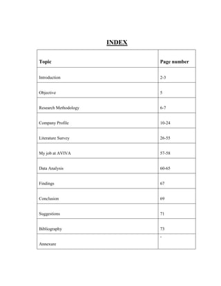 INDEX

Topic                          Page number


Introduction                   2-3


Objective                      5


Research Methodology           6-7


Company Profile                10-24


Literature Survey              26-55


My job at AVIVA                57-58


Data Analysis                  60-65


Findings                       67


Conclusion                     69


Suggestions                    71


Bibliography                   73
                               -
Annexure
 