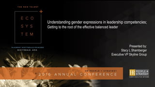Understanding gender expressions in leadership competencies;
Getting to the root of the effective balanced leader
Presented by:
Stacy L Shamberger
Executive VP Skyline Group
 