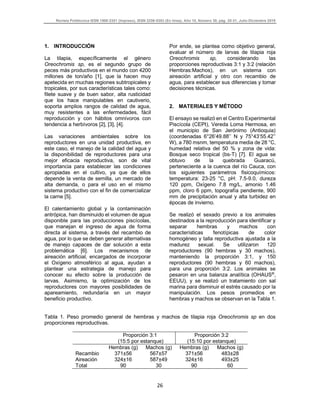 Revista Politécnica ISSN 1900-2351 (Impreso), ISSN 2256-5353 (En línea), Año 15, Número 30, pág. 25-31, Julio-Diciembre 2019
26
1. INTRODUCCIÓN
La tilapia, específicamente el género
Oreochromis sp, es el segundo grupo de
peces más productivos en el mundo con 4200
millones de ton/año [1], que la hacen muy
apetecida en muchas regiones subtropicales y
tropicales, por sus características tales como:
filete suave y de buen sabor, alta rusticidad
que los hace manipulables en cautiverio,
soporta amplios rangos de calidad de agua,
muy resistentes a las enfermedades, fácil
reproducción y con hábitos omnívoros con
tendencia a herbívoros [2], [3], [4].
Las variaciones ambientales sobre los
reproductores en una unidad productiva, en
este caso, el manejo de la calidad del agua y
la disponibilidad de reproductores para una
mejor eficacia reproductiva, son de vital
importancia para establecer las condiciones
apropiadas en el cultivo, ya que de ellos
depende la venta de semilla, un mercado de
alta demanda, o para el uso en el mismo
sistema productivo con el fin de comercializar
la carne [5].
El calentamiento global y la contaminación
antrópica, han disminuido el volumen de agua
disponible para las producciones piscícolas,
que manejan el ingreso de agua de forma
directa al sistema, a través del recambio de
agua, por lo que se deben generar alternativas
de manejo capaces de dar solución a esta
problemática [6]. Los mecanismos de
aireación artificial, encargados de incorporar
el Oxígeno atmosférico al agua, ayudan a
plantear una estrategia de manejo para
conocer su efecto sobre la producción de
larvas. Asimismo, la optimización de los
reproductores con mayores posibilidades de
apareamiento, redundaría en un mayor
beneficio productivo.
Por ende, se plantea como objetivo general,
evaluar el número de larvas de tilapia roja
Oreochromis sp, considerando las
proporciones reproductivas 3:1 y 3:2 (relación
Hembras:Machos), en un sistema con
aireación artificial y otro con recambio de
agua, para establecer sus diferencias y tomar
decisiones técnicas.
2. MATERIALES Y MÉTODO
El ensayo se realizó en el Centro Experimental
Piscícola (CEPI), Vereda Loma Hermosa, en
el municipio de San Jerónimo (Antioquia)
(coordenadas 6°26’49.88’’ N y 75°43’55.42’’
W), a 780 msnm, temperatura media de 28 °C,
humedad relativa del 50 % y zona de vida:
Bosque seco tropical (bs-T) [7]. El agua se
obtuvo de la quebrada Guaracú,
perteneciente a la cuenca del río Cauca, con
los siguientes parámetros fisicoquímicos:
temperatura: 23-25 °C, pH: 7.5-9.0, dureza
120 ppm, Oxígeno 7.8 mg/L, amonio 1.46
ppm, cloro 6 ppm, topografía pendiente, 900
mm de precipitación anual y alta turbidez en
épocas de invierno.
Se realizó el sexado previo a los animales
destinados a la reproducción para identificar y
separar hembras y machos con
características fenotípicas de color
homogéneo y talla reproductiva ajustada a la
madurez sexual. Se utilizaron 120
reproductores (90 hembras y 30 machos),
manteniendo la proporción 3:1, y 150
reproductores (90 hembras y 60 machos),
para una proporción 3:2. Los animales se
pesaron en una balanza analítica (OHAUS®
,
EEUU), y se realizó un tratamiento con sal
marina para disminuir el estrés causado por la
manipulación. Los pesos promedios en
hembras y machos se observan en la Tabla 1.
Tabla 1. Peso promedio general de hembras y machos de tilapia roja Oreochromis sp en dos
proporciones reproductivas.
Proporción 3:1
(15:5 por estanque)
Proporción 3:2
(15:10 por estanque)
Hembras (g) Machos (g) Hembras (g) Machos (g)
Recambio 371±56 567±57 371±56 483±28
Aireación 324±16 587±49 324±16 493±25
Total 90 30 90 60
 