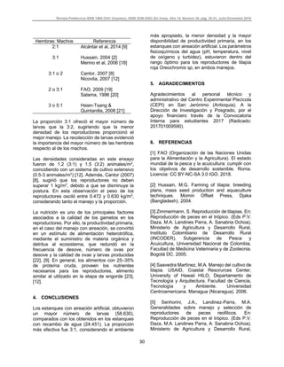 Revista Politécnica ISSN 1900-2351 (Impreso), ISSN 2256-5353 (En línea), Año 15, Número 30, pág. 25-31, Julio-Diciembre 2019
30
Hembras: Machos Referencia
2:1 Alcántar et al, 2014 [9]
3:1 Hussain, 2004 [2]
Merino et al, 2006 [18]
3:1 o 2 Cantor, 2007 [8]
Nicovita, 2007 [12]
2 o 3:1 FAO, 2009 [19]
3 o 5:1
Salama, 1996 [20]
Hsien-Tsang &
Quintanilla, 2008 [21]
La proporción 3:1 ofreció el mayor número de
larvas que la 3:2, sugiriendo que la menor
densidad de los reproductores proporcionó el
mejor manejo. La recolección de larvas evidenció
la importancia del mayor número de las hembras
respecto al de los machos.
Las densidades consideradas en este ensayo
fueron de 1.2 (3:1) y 1.5 (3:2) animales/m2
,
coincidiendo con un sistema de cultivo extensivo
(0.5-3 animales/m2
) [12]. Además, Cantor (2007)
[8], sugirió que los reproductores no deben
superar 1 kg/m2
, debido a que se disminuye la
postura. En esta observación el peso de los
reproductores osciló entre 0.472 y 0.630 kg/m2
,
considerando tanto el manejo y la proporción.
La nutrición es uno de los principales factores
asociados a la calidad de los gametos en los
reproductores. Por ello, la productividad primaria,
en el caso del manejo con aireación, se convirtió
en un estímulo de alimentación heterotrófica,
mediante el suministro de materia orgánica y
detritus al ecosistema, que redundó en la
frecuencia de desove, número de ovas por
desove y la calidad de ovas y larvas producidas
[22], [9]. En general, los alimentos con 25–35%
de proteína cruda, proveen los nutrientes
necesarios para los reproductores, alimento
similar al utilizado en la etapa de engorde [23],
[12].
4. CONCLUSIONES
Los estanques con aireación artificial, obtuvieron
un mayor número de larvas (58.630),
comparados con los obtenidos en los estanques
con recambio de agua (24.451). La proporción
más efectiva fue 3:1, considerando el ambiente
más apropiado, la menor densidad y la mayor
disponibilidad de productividad primaria, en los
estanques con aireación artificial. Los parámetros
fisicoquímicos del agua (pH, temperatura, nivel
de oxígeno y turbidez), estuvieron dentro del
rango óptimo para los reproductores de tilapia
roja Oreochromis sp, en ambos manejos.
5. AGRADECIMIENTOS
Agradecimientos al personal técnico y
administrativo del Centro Experimental Piscícola
(CEPI) en San Jerónimo (Antioquia). A la
Dirección de Investigación y Posgrado, por el
apoyo financiero través de la Convocatoria
Interna para estudiantes 2017 (Radicado:
201701009590).
6. REFERENCIAS
[1] FAO (Organización de las Naciones Unidas
para la Alimentación y la Agricultura). El estado
mundial de la pesca y la acuicultura: cumplir con
los objetivos de desarrollo sostenible. Roma.
Licencia: CC BY-NC-SA 3.0 IGO. 2018.
[2] Hussain, M.G. Farming of tilapia: breeding
plans, mass seed production and aquaculture
techniques. Momin Offset Press, Djaka
(Bangladesh). 2004.
[3] Zimmermann, S. Reproducción de tilapias. En:
Reproducción de peces en el trópico. (Eds P.V.
Daza, M.A. Landines Parra, A. Sanabria Ochoa),
Ministerio de Agricultura y Desarrollo Rural,
Instituto Colombiano de Desarrollo Rural
(INCODER), Subgerencia de Pesca y
Acuicultura, Universidad Nacional de Colombia,
Facultad de Medicina Veterinaria y de Zootecnia.
Bogotá DC. 2005.
[4] Saavedra Martínez, M.A. Manejo del cultivo de
tilapia. USAID, Coastal Resorurces Center,
University of Hawaii HILO, Departamento de
Tecnología y Arquitectura. Facultad de Ciencia,
Tecnología y Ambiente. Universidad
Centroamericana. Managua (Nicaragua). 2006.
[5] Senhorini, J.A., Landinez-Parra, M.A.
Generalidades sobre manejo y selección de
reproductores de peces reofilicos. En:
Reproducción de peces en el trópico. (Eds P.V.
Daza, M.A. Landines Parra, A. Sanabria Ochoa),
Ministerio de Agricultura y Desarrollo Rural,
 