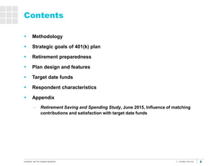 2
Contents
 Methodology
 Strategic goals of 401(k) plan
 Retirement preparedness
 Plan design and features
 Target da...