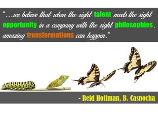 “… talent
opportunity philosophies
transformations .”
- Reid Hoffman, B. Casnocha
 