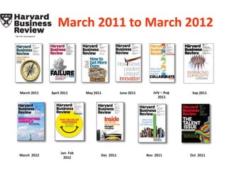March 2011 to March 2012
http://hbr.org/magazine




     March 2011           April 2011      May 2011          June 2011      July – Aug    Sep 2011
                                                                              2011




                               Jan- Feb
    March 2012                                   Dec 2011               Nov 2011        Oct 2011
                                 2012
 