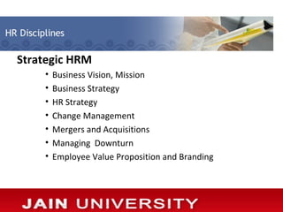 Strategic HRM
    •   Business Vision, Mission
    •   Business Strategy
    •   HR Strategy
    •   Change Management
    •   Mergers and Acquisitions
    •   Managing Downturn
    •   Employee Value Proposition and Branding
 