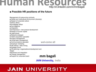 Human Resources
wel-come all
mm bagali
JAIN University, India
http://in.linkedin.com/in/mmbagali
■ Possible HR positions of the future
Management of outsourcing contracts
■ Global and multicultural environment (diversity)
■ Keeper of corporate culture
■ Ethics officer
■ Knowledge officer
■ Due diligence
■ Integration
■ Entrepreneur—new product development
■ Keeper of human capital
■ Legal issues
■ Rewards strategist
■ Talent acquisition specialist
■ Project management
■ Virtual team management
■ Communications specialist
■ Employer marketing
■ HR metrics—data mining
■ Strategic focus
■ HR planning—organizational development and
design
■ Business and integration
■ Change management
■ Support for corporate board
 