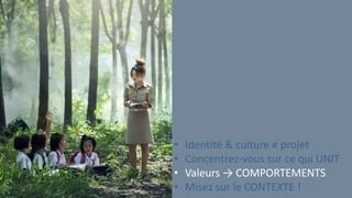 • Identité & culture ≠ projet
• Concentrez-vous sur ce qui UNIT
• Valeurs → COMPORTEMENTS
• Misez sur le CONTEXTE !
 