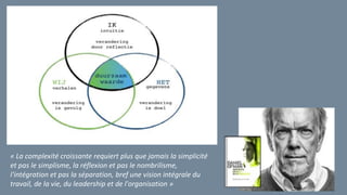 « La complexité croissante requiert plus que jamais la simplicité
et pas le simplisme, la réflexion et pas le nombrilisme,
l'intégration et pas la séparation, bref une vision intégrale du
travail, de la vie, du leadership et de l'organisation »
 