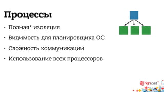 Процессы 
• Полная* изоляция 
• Видимость для планировщика ОС 
• Сложность коммуникации 
• Использование всех процессоров 
 