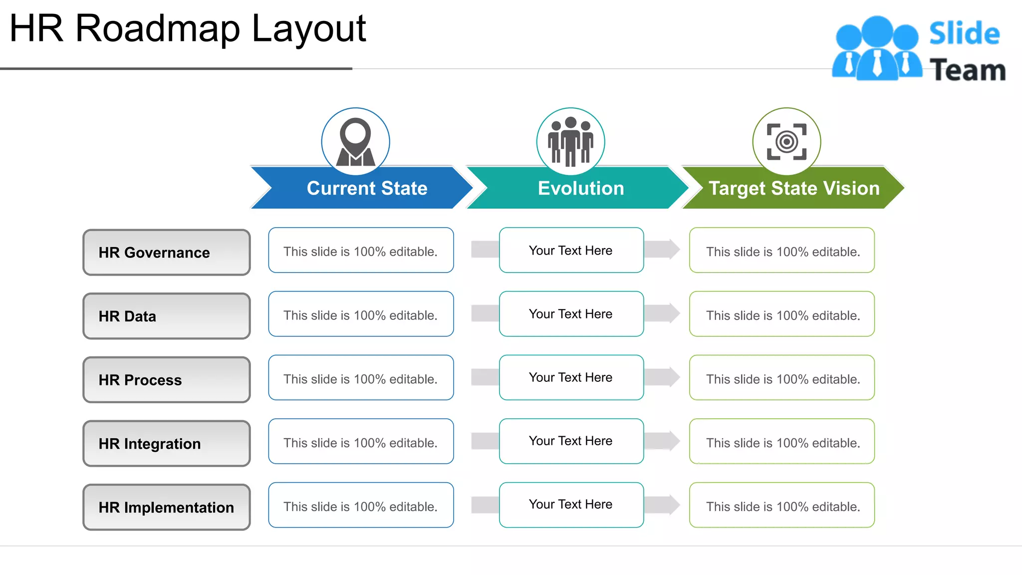 HR Governance
HR Data
HR Process
HR Integration
HR Implementation
Current State Evolution Target State Vision
This slide is 100% editable.
This slide is 100% editable.
This slide is 100% editable.
This slide is 100% editable.
This slide is 100% editable.
Your Text Here
Your Text Here
Your Text Here
Your Text Here
Your Text Here
This slide is 100% editable.
This slide is 100% editable.
This slide is 100% editable.
This slide is 100% editable.
This slide is 100% editable.
HR Roadmap Layout